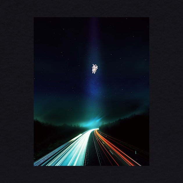 Spaceman Floating Above Streaking Lights by Spindriftdesigns